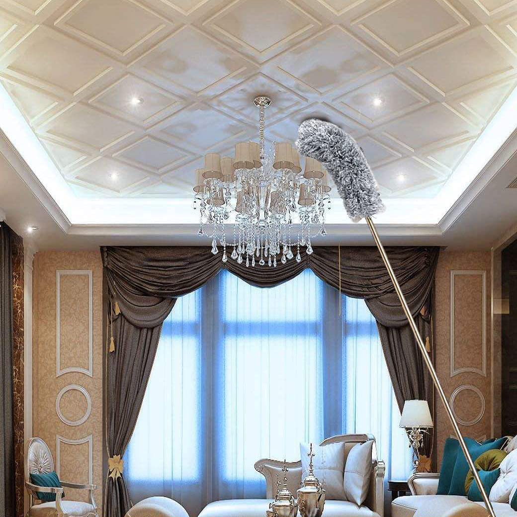 Microfiber Duster with Extension Pole(Stainless Steel), with Bendable Head, Extendable Duster for Cleaning High Ceiling Fan, Interior Roof, Cobweb, Gap Dust- Wet or Dry Use. 