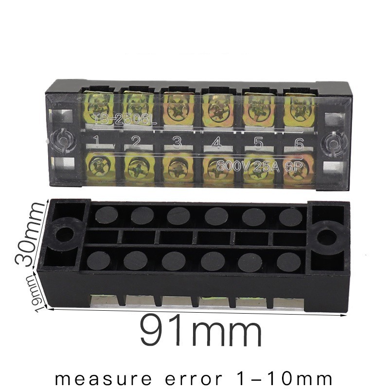 Terminal Block With Cover Connector TB-2506 600V 25A 6-Pole Double Row Screw Fixed Barrier Wire Crimp 6 Position Panel Mount. 