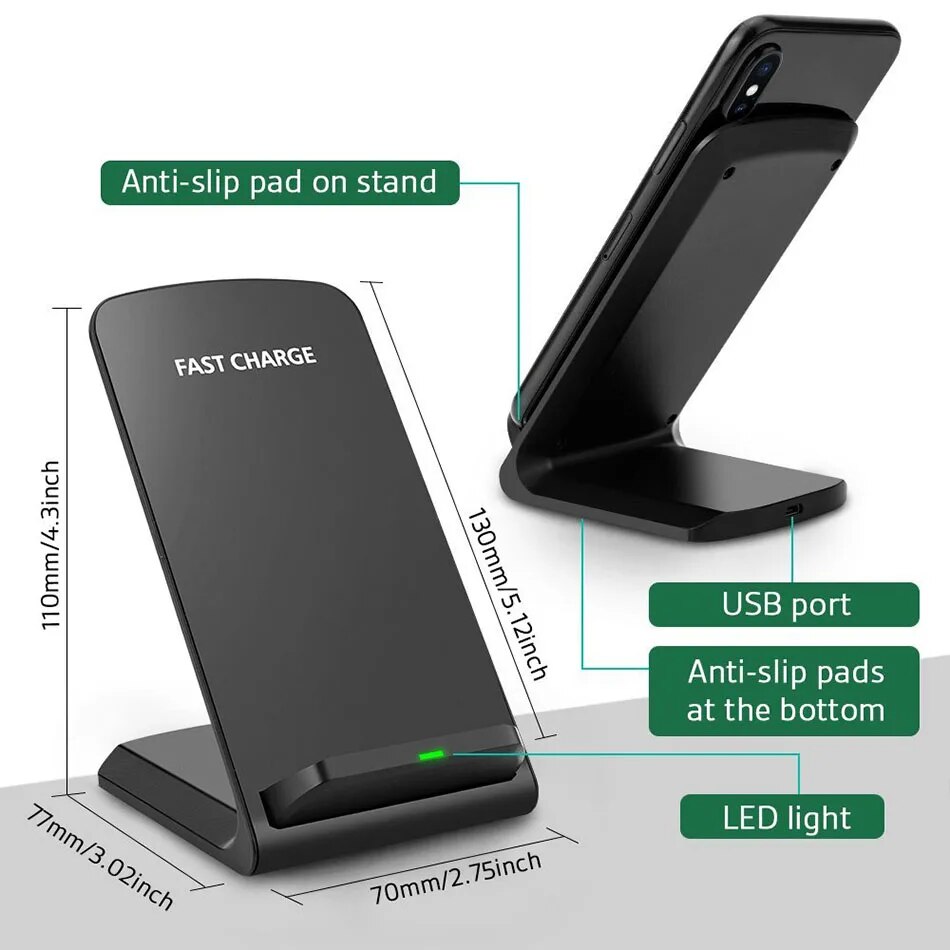 QI 100W Wireless Chargers QC 2.0 Fast Charging for iPhone 10 14 13 12 XR Samsung S22 S10 S7 S8 S9 2-Coils Stand 5V/2A 9V/1.67A. 