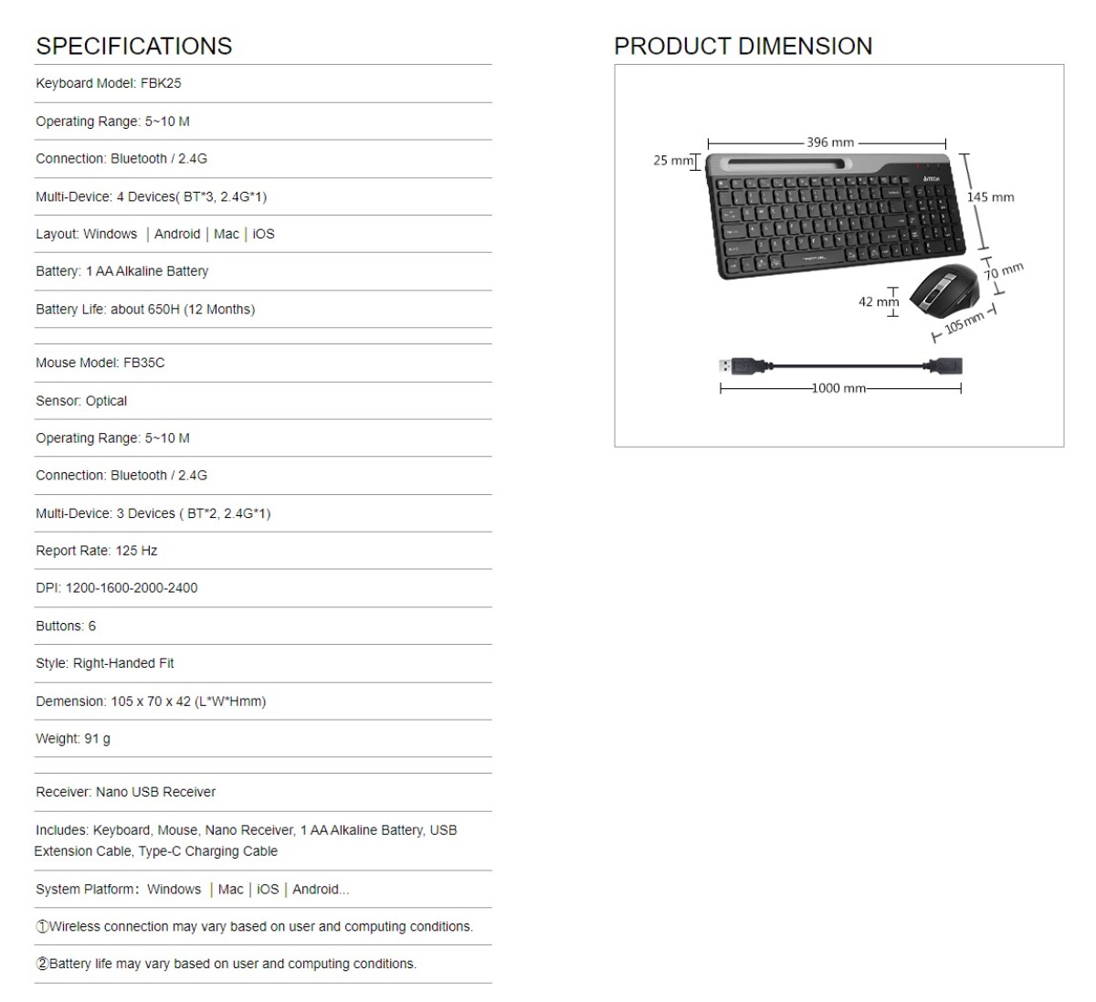A4tech Fstyler FB2535C Multi-mode Wireless Keyboard & Mouse Combo ...