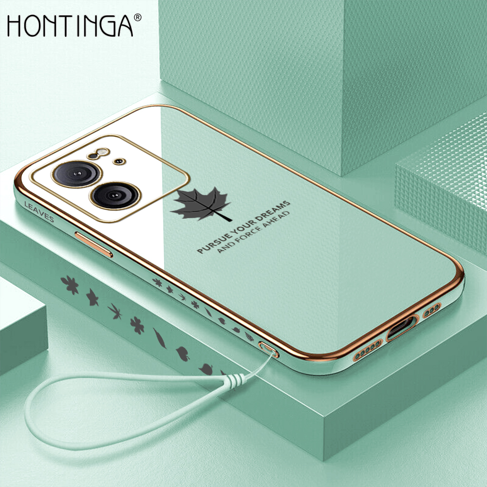 Hontinga for Xiaomi 13T 13T Pro Redmi K60 Ultra Back Cover With Free Strap Luxury 6D Plating Maple Leaf Side Pattern Case Soft Silicone Square Mobile Cover