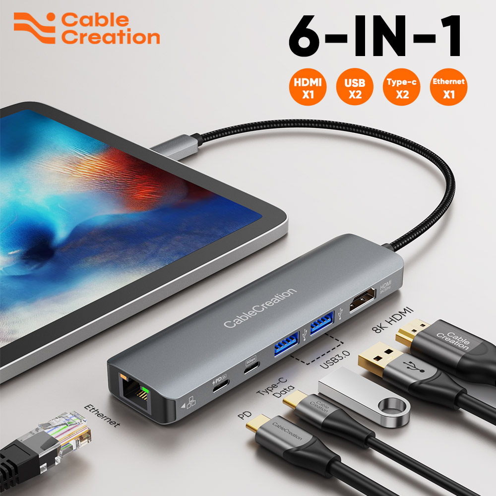 CableCreation USB Type C Hub 8K@30Hz HDMI Ethernet Multiport Adapter 6 in 1 USB C PD 100W 2 USB 3.0 5Gbps for MacBook Pro Ipad