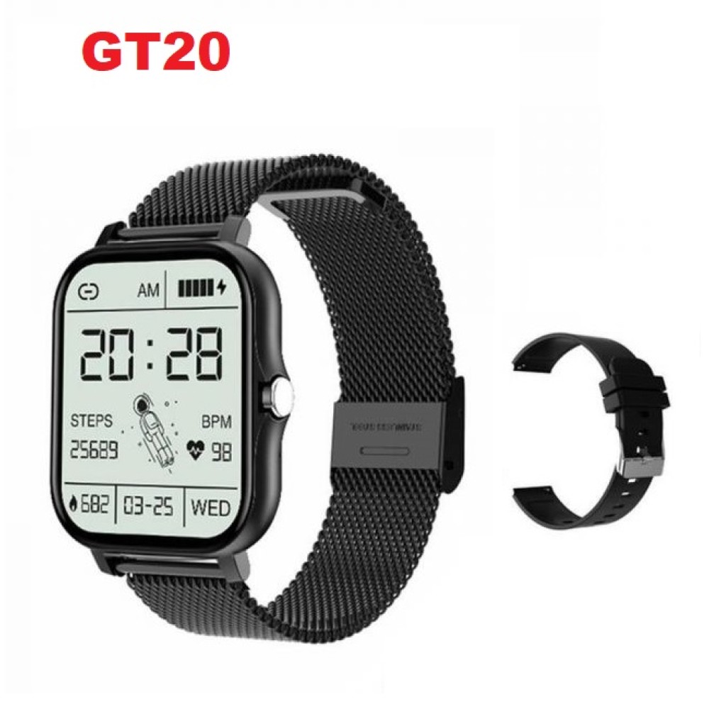 GT20 Smart Watch Bluetooth Calling Touch Display Metal Strip Extra Belt - Black