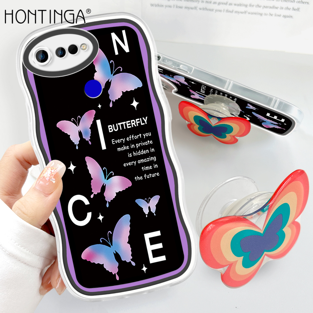 Hontinga for Honor V20 Back Cover + Free Holder Beautiful Butterfly Soft Wavy Phone Case Camera Protection Transparent TPU Cover