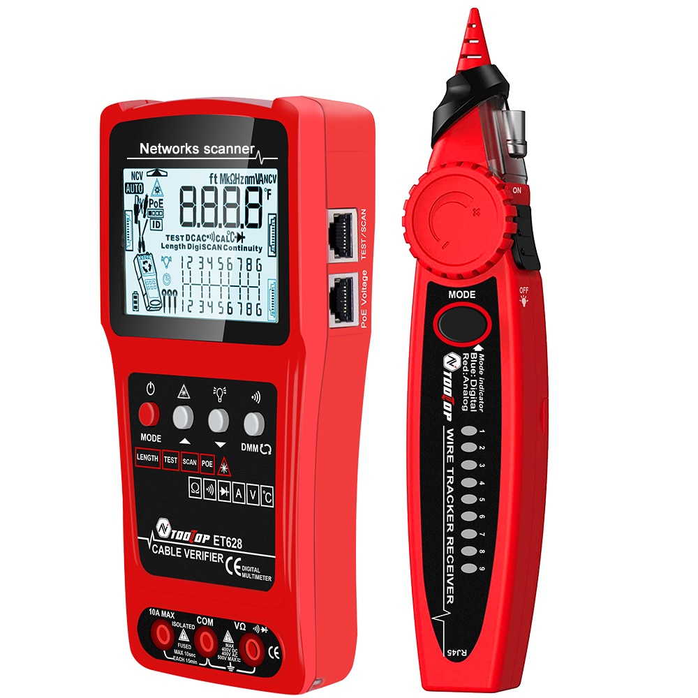 TOOLTOP Network Cable Tester 10KM Visual Fault Locator Multimeter 3 in 1 LAN Length Measure Anti-noise Line Tracker POE Test. 