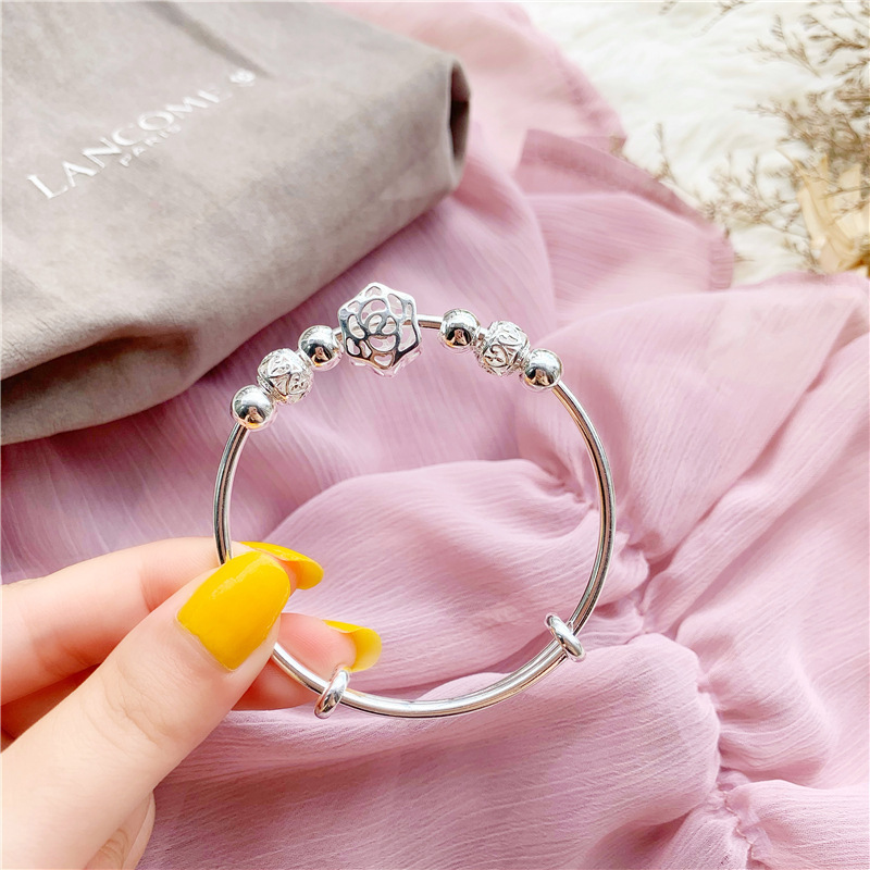 999 words printed silver electroplating hollow flower transfer bead bell bracelet Korean version simple and versatile ornament women