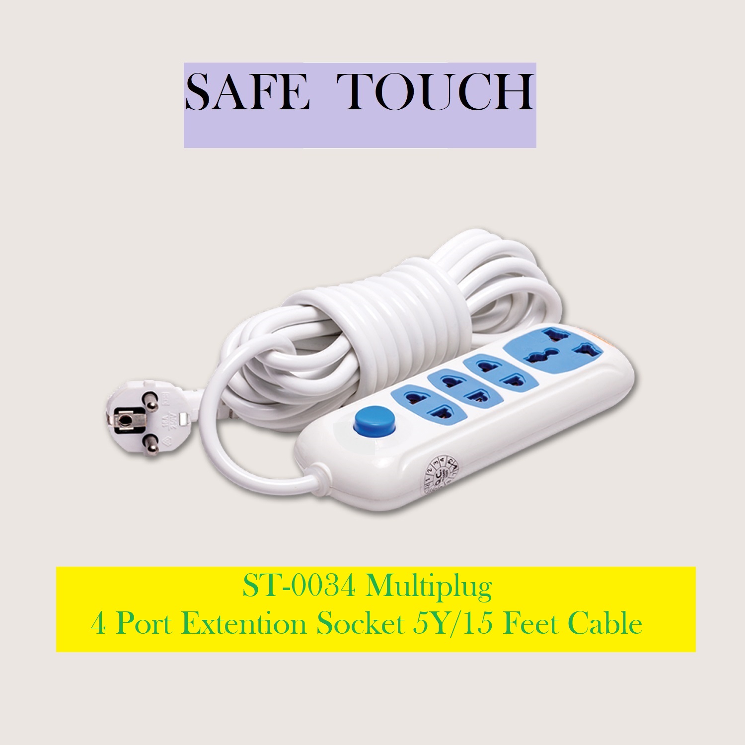 SAFE TOUCH ST-0034 Multiplug 4 Port Extention Socket White Multi Plug. 