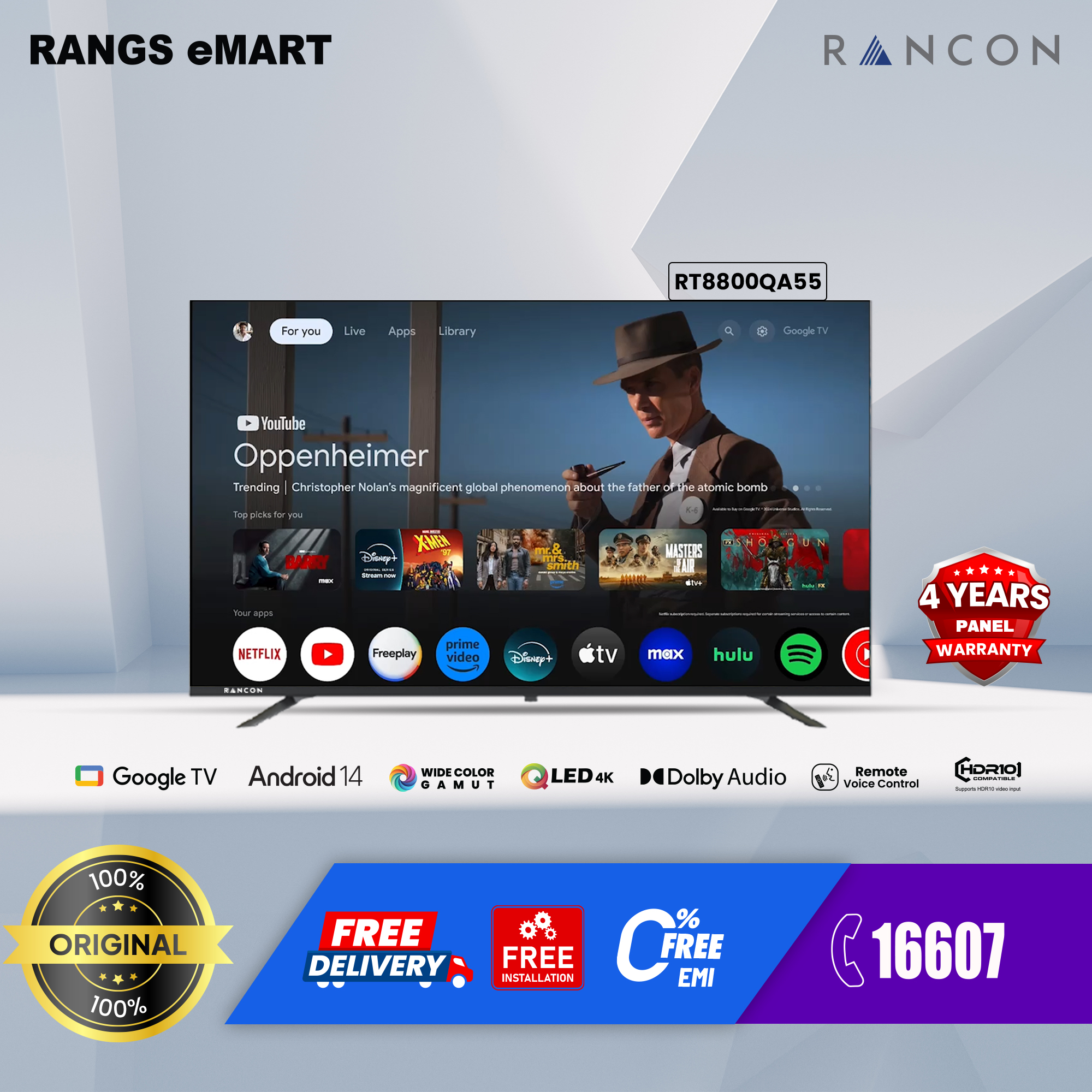 RANCON 55 INCH QLED-RT8800QA55 with Free Delivery and Free Installation