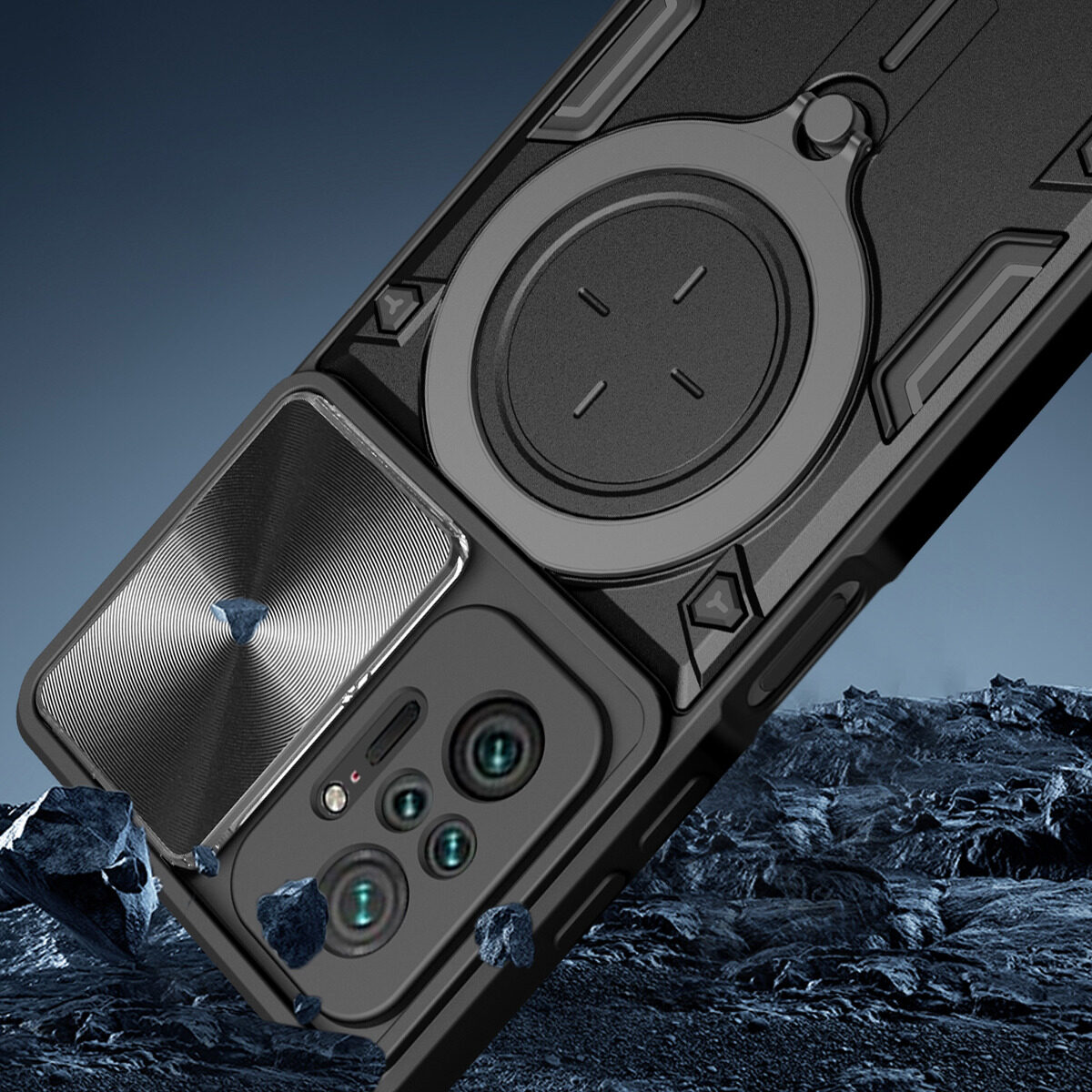 For Xiaomi Poco M5S Case Foldable 360 Degree Rotating Bracket Vehicle Mounted Sliding Hard Shockproof Rear Shell + Tempered Glass Screen Protector for Xiaomi Poco M5S Back Cover. 