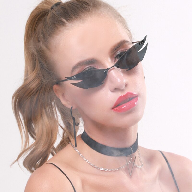 【happy one】C3 black silverLongKeeper 2020 Punk Style Sharp Shape Sunglasses Fashion Rimless Cat Eye Sun Glasses oculos feminino. 