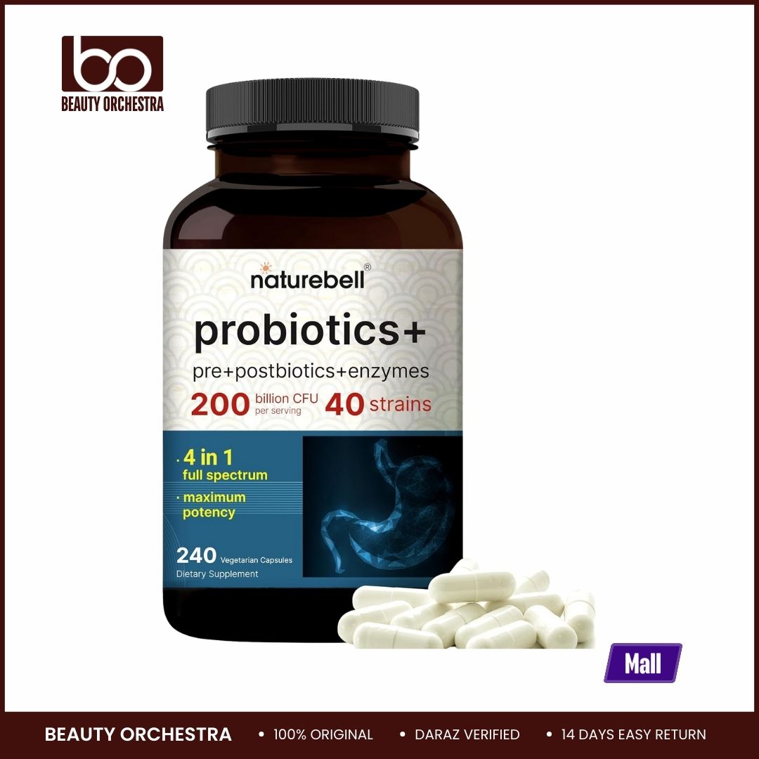 NatureBell Probiotics 200 Billion CFU Per Serving | 240 Veggie Capsules with Synbiotic Blend of Digestive Enzymes, Prebiotics, & Postbiotics – 40 Strains – Full-Spectrum Gut Health & Bloating Support