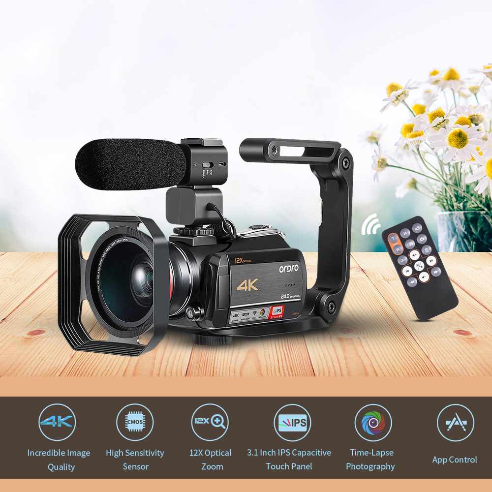 ORDRO AC5 4K WI-FI Digital Video Camera Camcorder Recorder DV 24MP 3.1 Inch IPS Touchscreen 12X Optical Zoom Time-Lapse Face Detection Anti-shake with 2pcs Lithium Batteries + 0.39X Wide Angle Lens + Lens Hood + External Microphone + Camera Holder. 