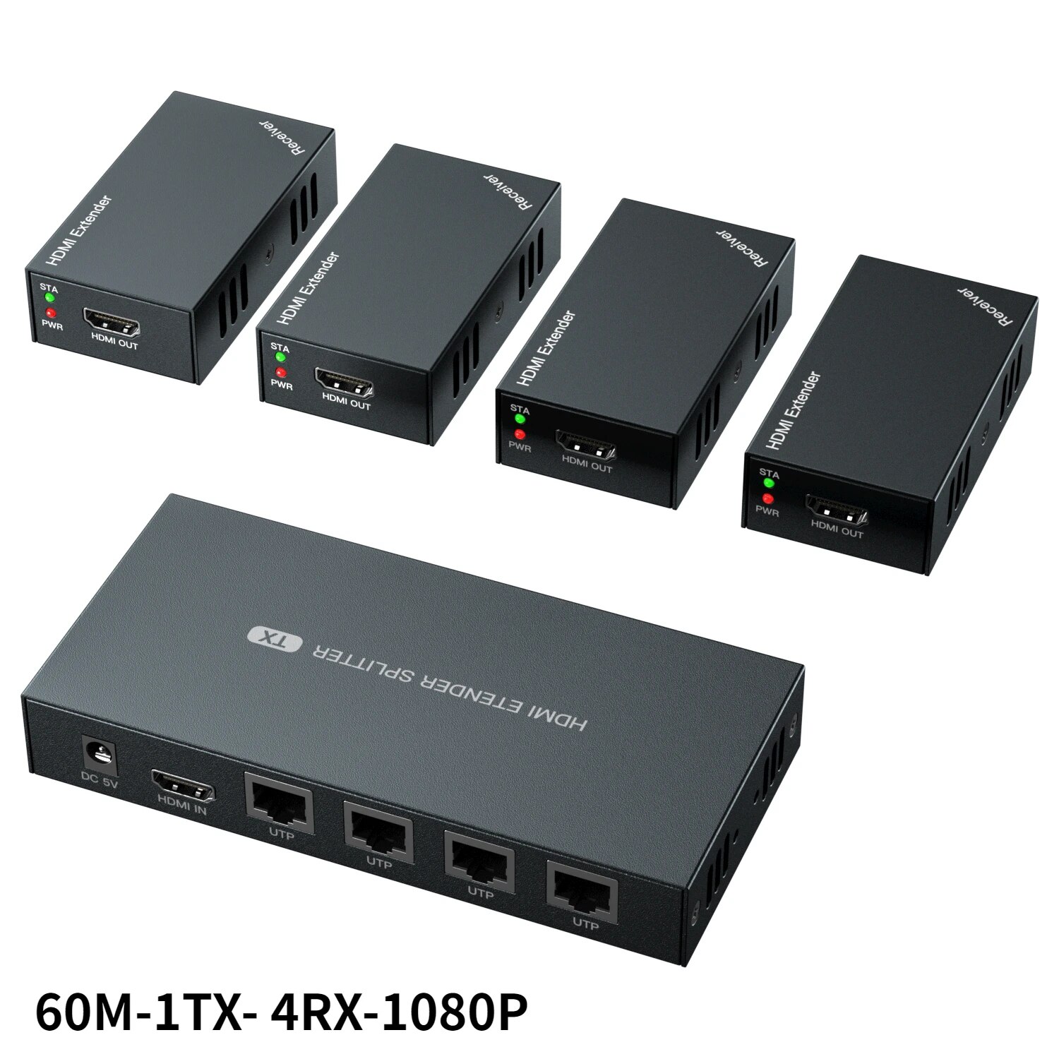 1x4 HDMI Extender Splitter 1080p Over Cat5e/Cat6 Ethernet Cable with Loopout - Up to 50m/165ft - EDID Management 1920*1080@60Hz. 