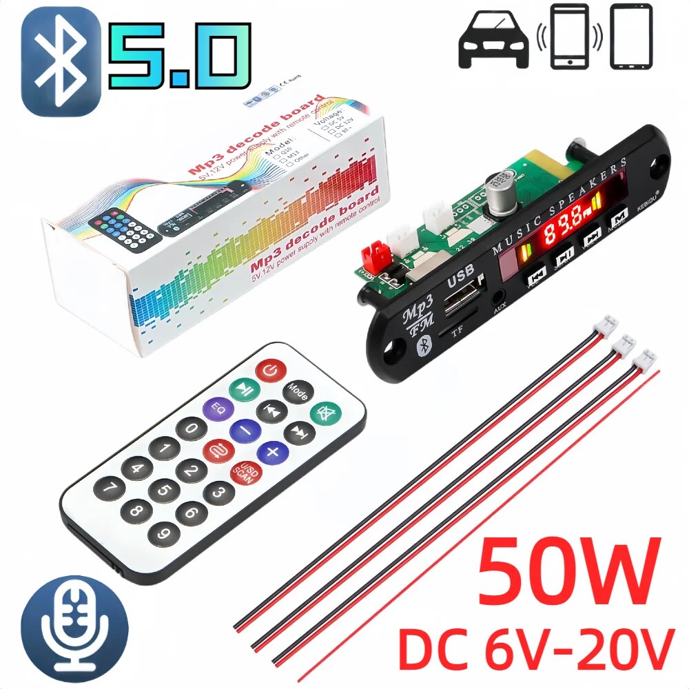 50W 25W Amplifier Bluetooth 5.0 DIY MP3 WAV Decoder Board DC 9V 12V 18V Wireless Car USB MP3 Player TF Card Slot USB FM with Mic