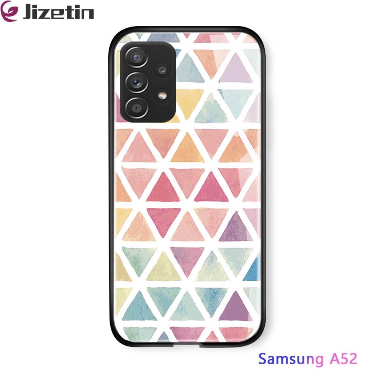 Jizetin for Samsung A52S 5G / A52 / A52 5G Glass Back Cover Decorative Pattern Glossy Tempered Glass Shockproof Soft Edge Phone Cases