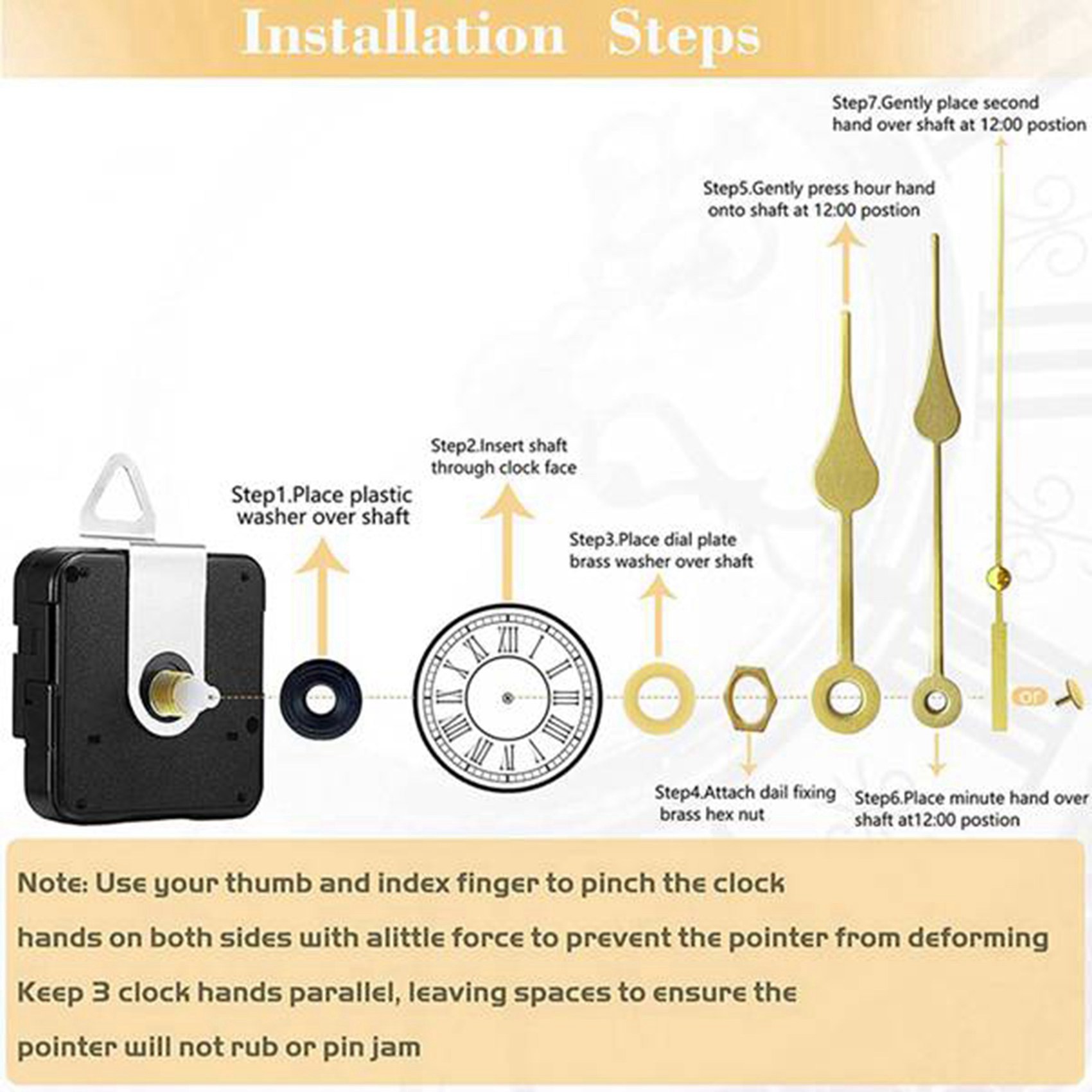 Non-Ticking Quartz DIY Wall Clock Movement Mechanism Kit with 3 Gold Silent Clock Repair Parts Replacement. 