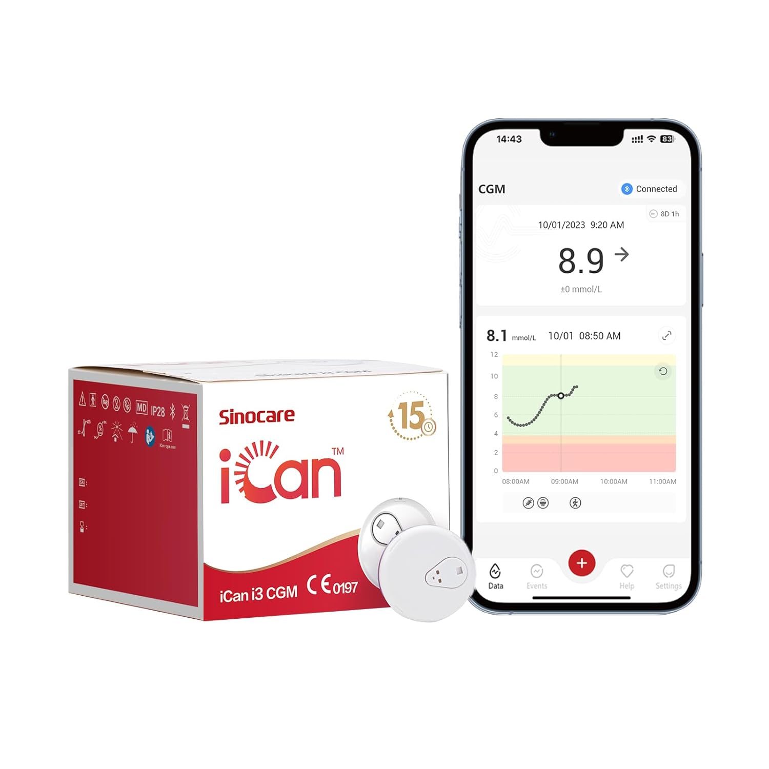 Sinocare 15 Days Continuous Glucose Monitoring System, No Scanning, Less Pain, Output Every 3 Minutes via iCan CGM APP, Blood Sugar Test Kit for Diabetes Monitoring, iCan i3 CGM (Pack of 1). 