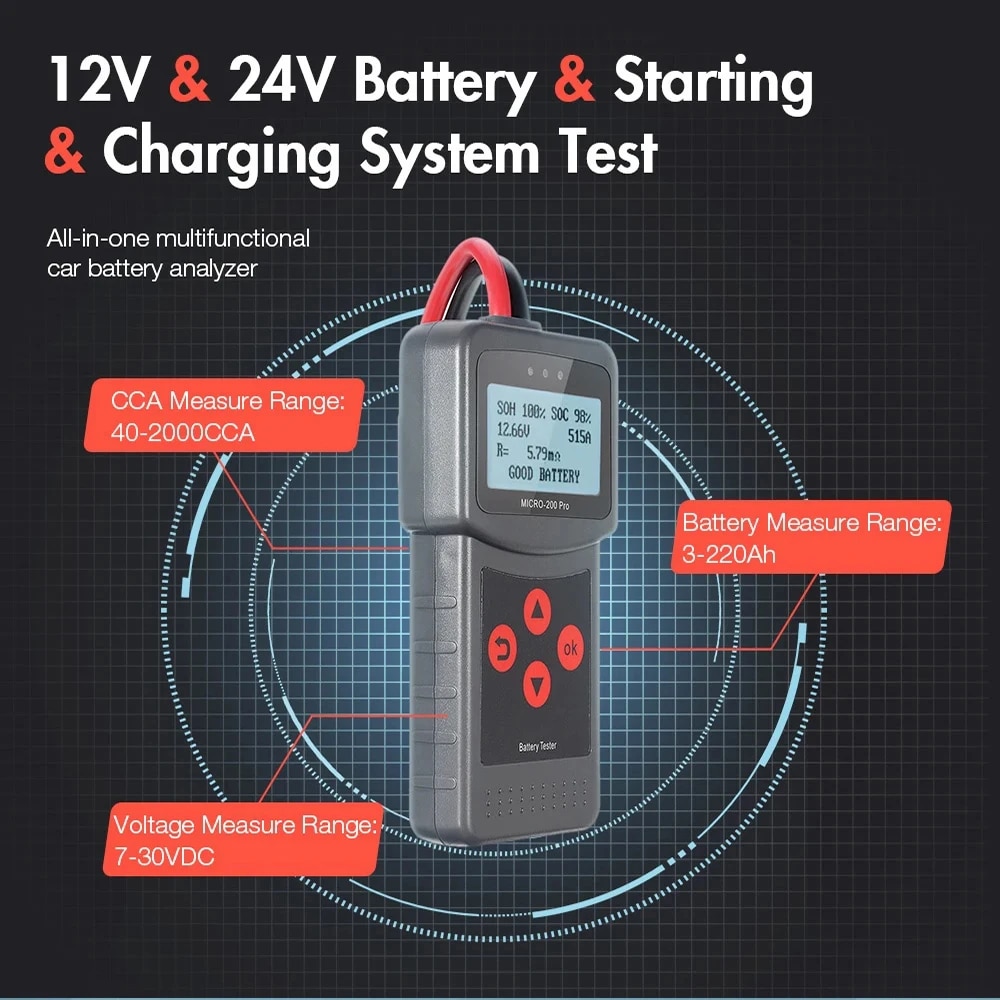 Lancol Micro 200 Pro 12V 24V Car Battery Tester 40-2000 CCA Cranking Charging Motorcycle Battery Analyzer Tools With LED Light. 