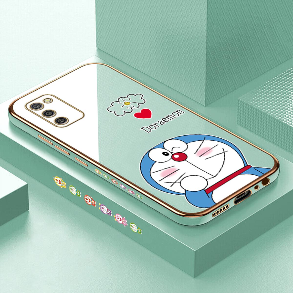 Luxury 6D Plating Case for Samsung A02S Cartoon Giggle Meow Side Pattern Back Cover Soft Silicone Square Phone Cases + Free Lanyard