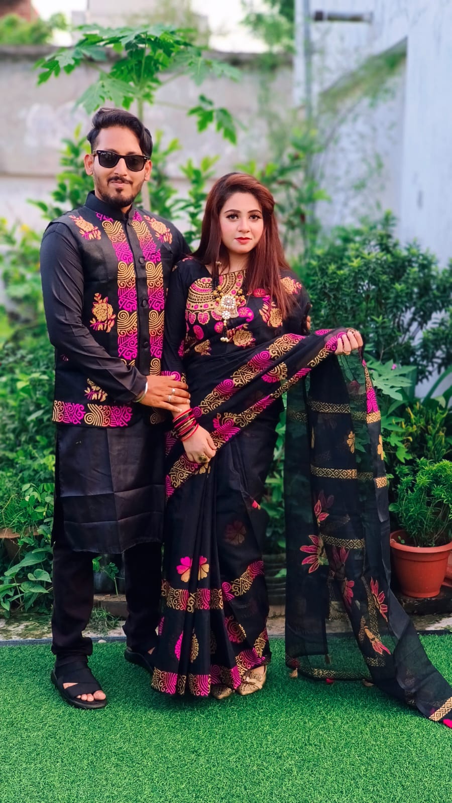 Stylish New Collection Saree & Panjabi koti Combo Dress black color for Couple. 