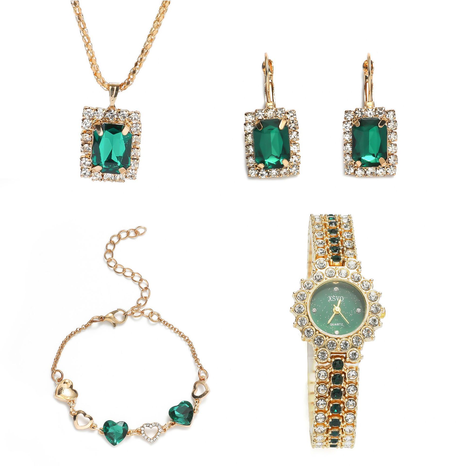 LooKeo Mall Luxury Style Green Watch Set for Girls - Fashion New 5pcs Steel Band Quartz Watch+Ring+Bracelet+Necklace+Earring Set