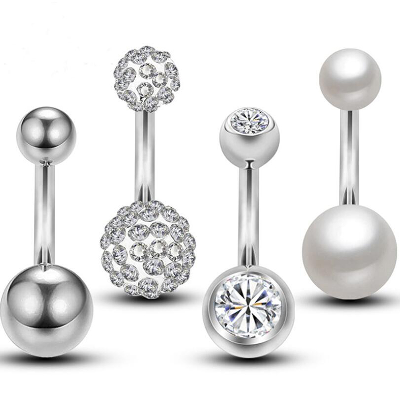 (New)FahionApple 4Pc 14G Belly Button Ring Pearl Crytal Two Ball Navel Piercing Body Jewelry