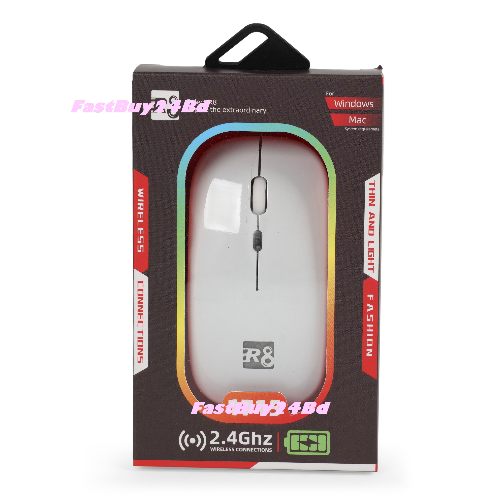 R8 Wireless Rechargeable Mouse With RGB Lighting, Silent-DPI Button having Light On Off Switch. 