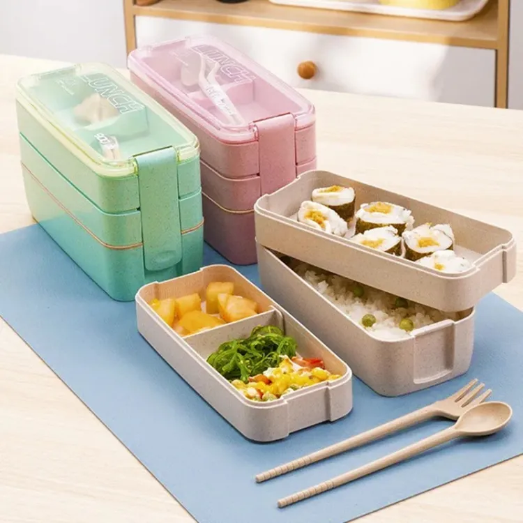 Wheat Straw Lunch Box Healthy Material 3 Layer 900ml Microwave Safety Stackable  Bento Boxes 3 Compartment Food Containers From Esw_house, $3.72