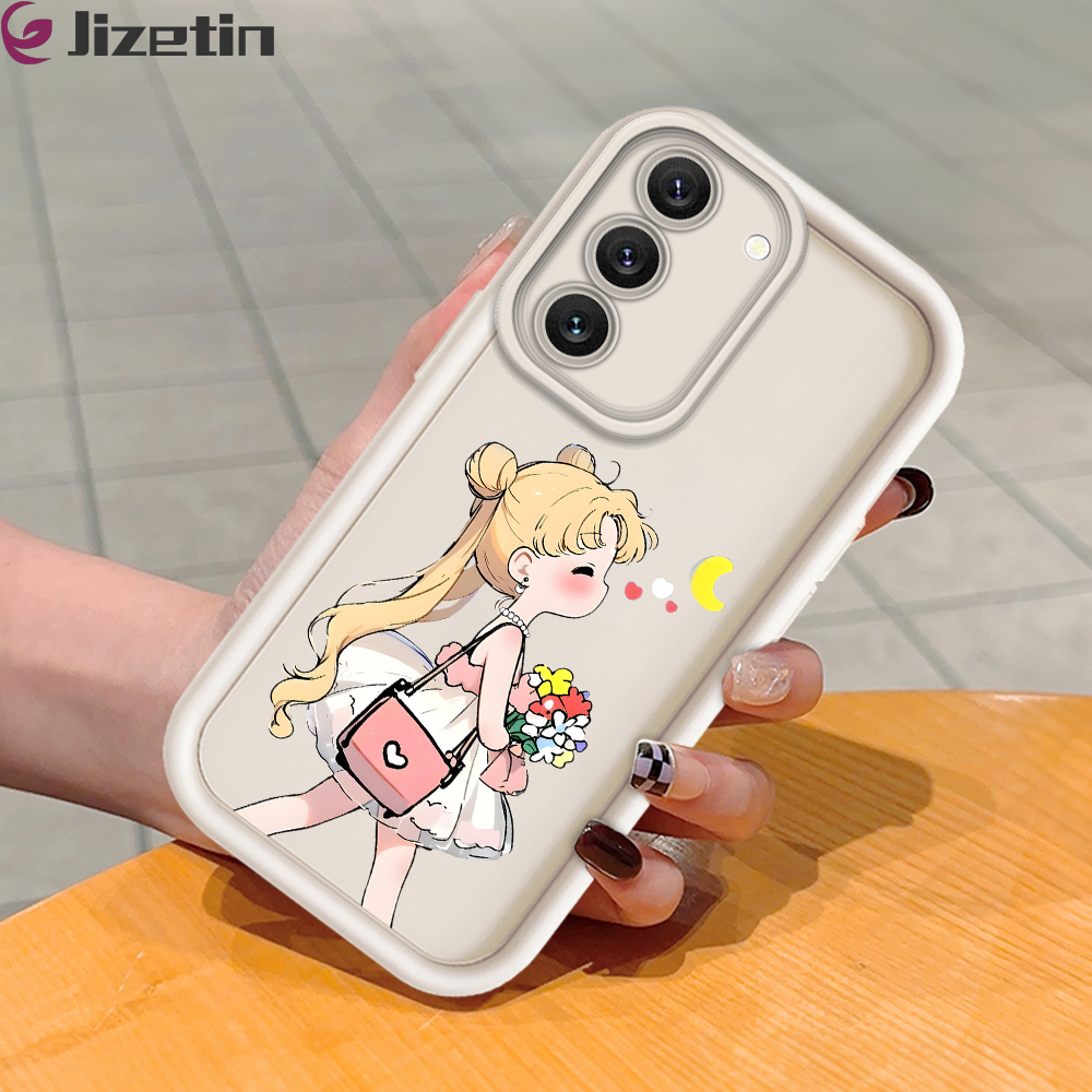 Jizetin for Samsung S22 5G Back Cover Beautiful Girl Flowers Ladder Camera Soft Rubber Mobile Phone Case