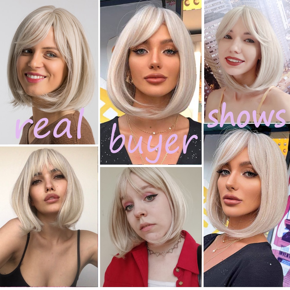 White Blonde Gray Synthetic Wigs with Bangs Short Straight Bob Hair Wig for Women Cosplay Daily Natural Hair Heat Resistant. 