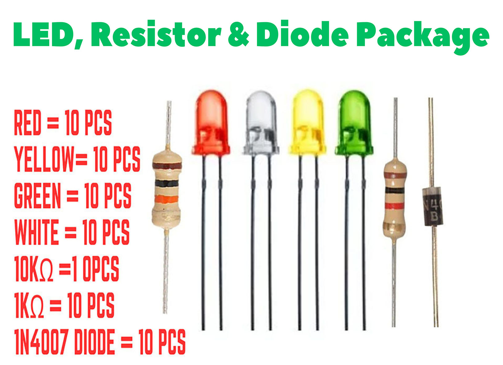 4 Color LED, 2 types Resistor & 1N4007 Diode, total 70pcs Item