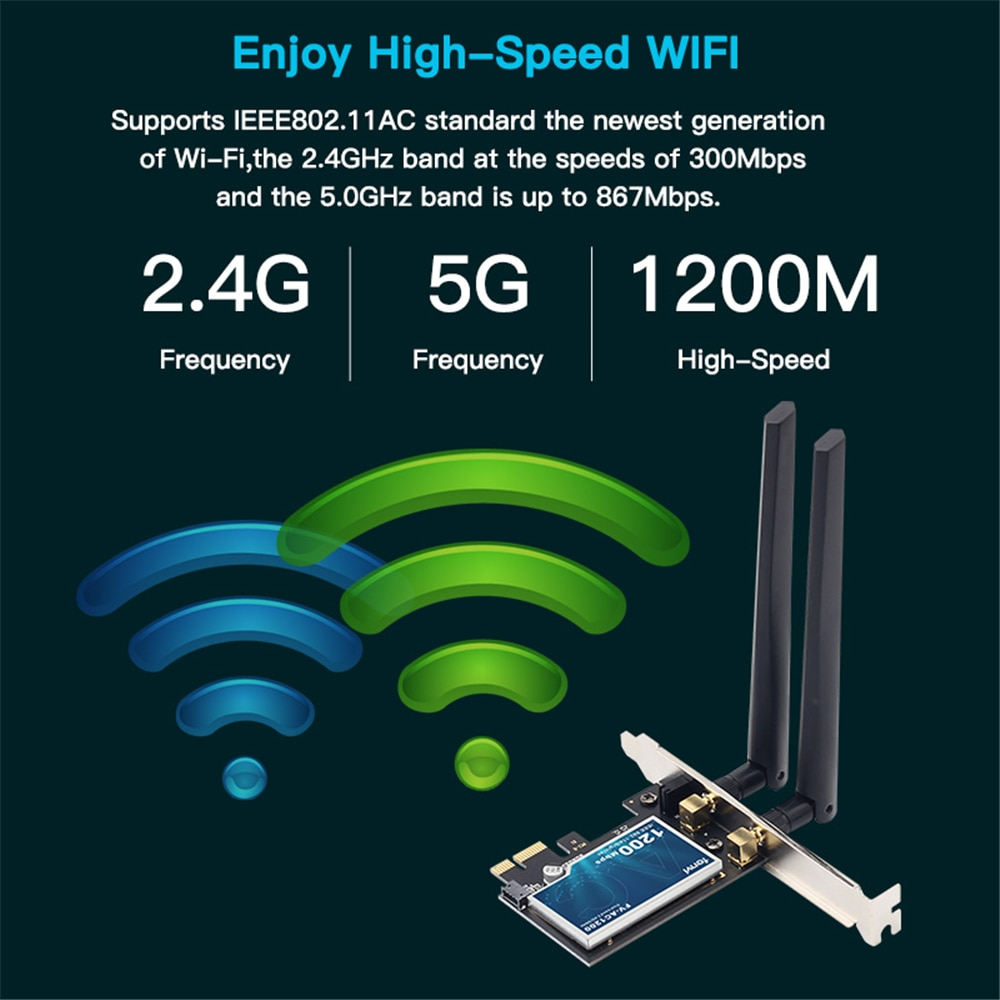 1200Mbps Dual Band Wireless WiFi Card Adapter Desktop 802.11AC For Bluetooth 4.0 PCIE WiFi Adapter 2.4Ghz/5Ghz For Win 7 8 10. 
