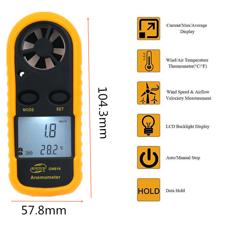 Digital Anemometer 0-30m/s Wind Speed Meter Mini Air Velocity Airflow -10°C ~ 45°C Temperature Tester with LCD Backlight. 