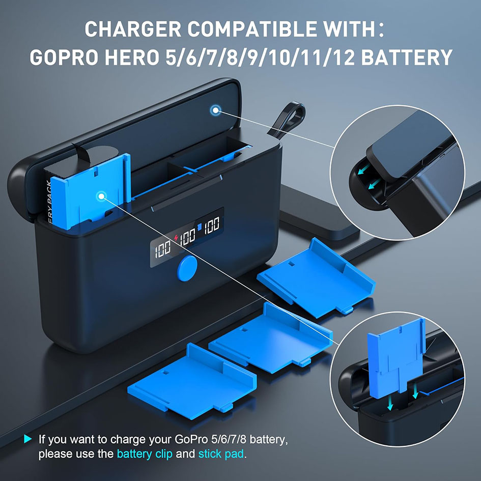 GoPro battery charger for GoPro Hero12 11 10 9 8 7 6 5battery3slot TF card battery storage charger box for Gopro series batterie. 