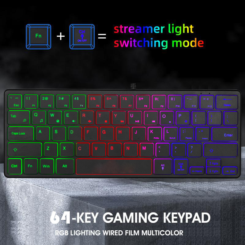 Wired keypad, mini tricolor illuminated gaming keyboard, computer notebook, office K64 keypad. 