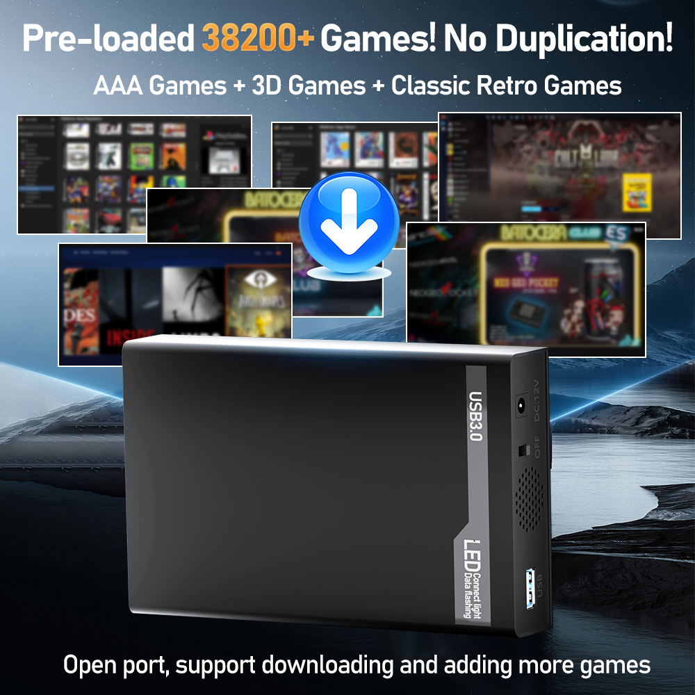 500G Retro Gaming HDD Video Game Console Retrobat＆Playnite＆Launchbox OS for XBOX/PS3/PS2/Switch/Wii/WiiU/DC/NES with 38200+Games. 