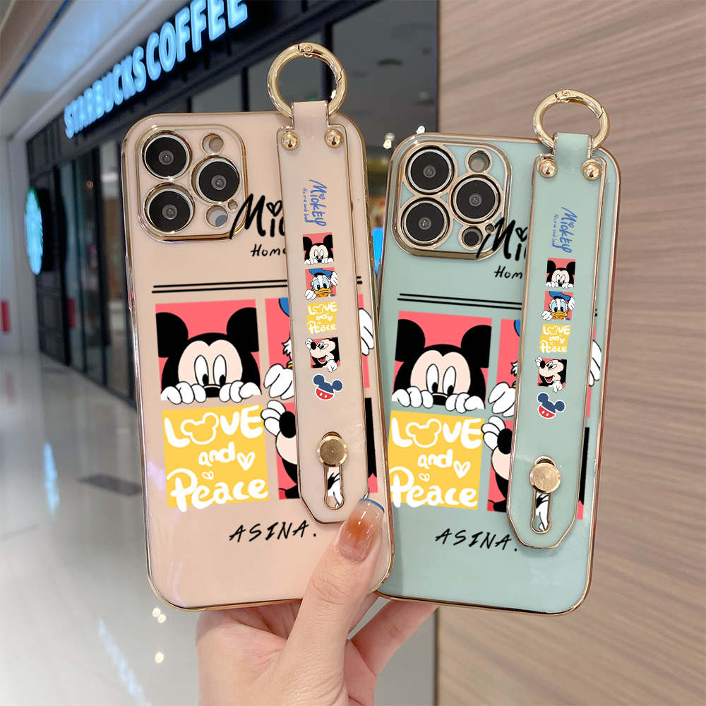 Jizetin for Vivo Y16 Back Cover Lovely Mickey Friends Luxury 6D Plating Wrist Strap Phone Cases Soft Silicone Square Mobile Phone Case. 