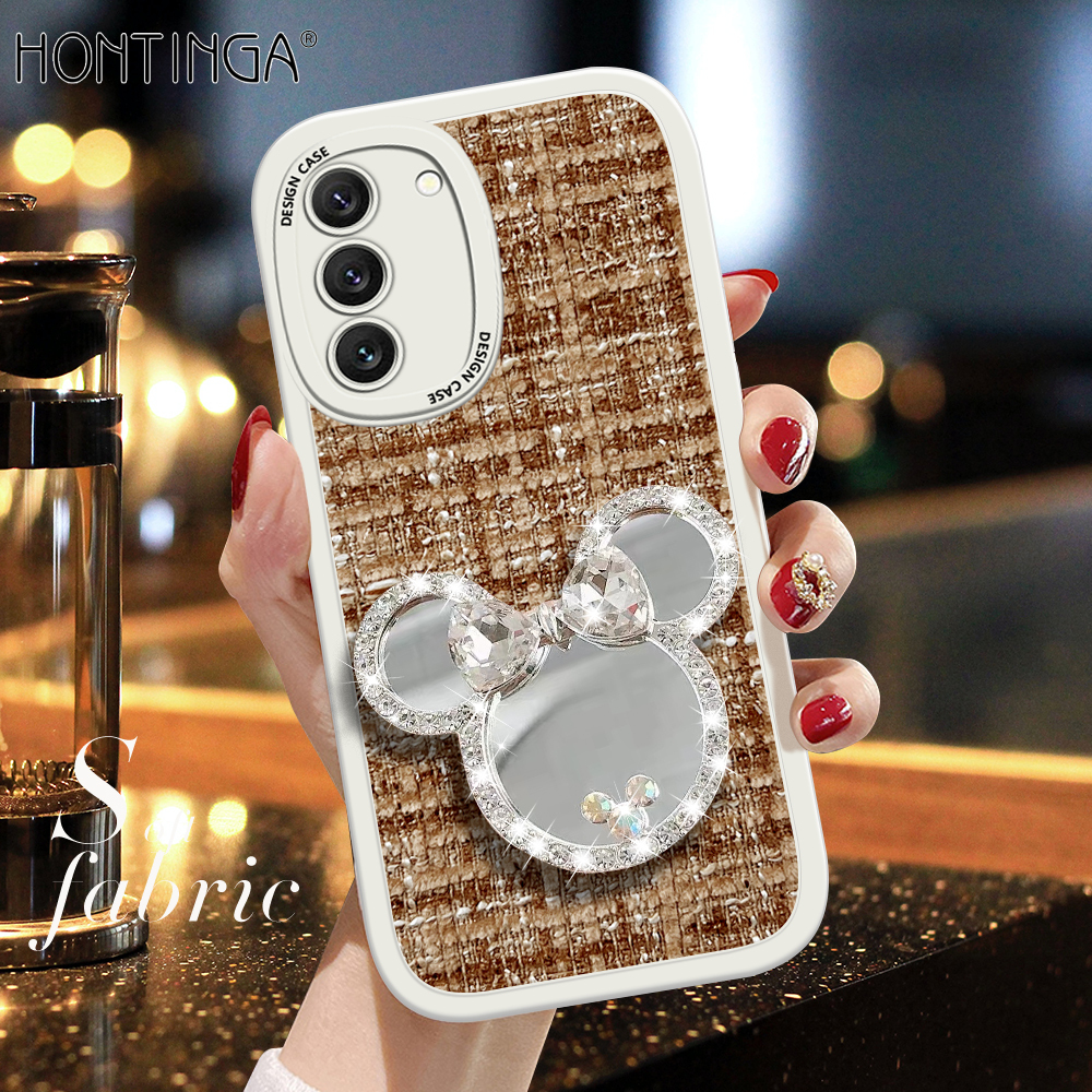 Hontinga for Samsung Galaxy S22 Plus 5G S22+ 5G Back Cover + Makeup Mirror Girls Fabric Case Soft Silicone Edge Phone Cases