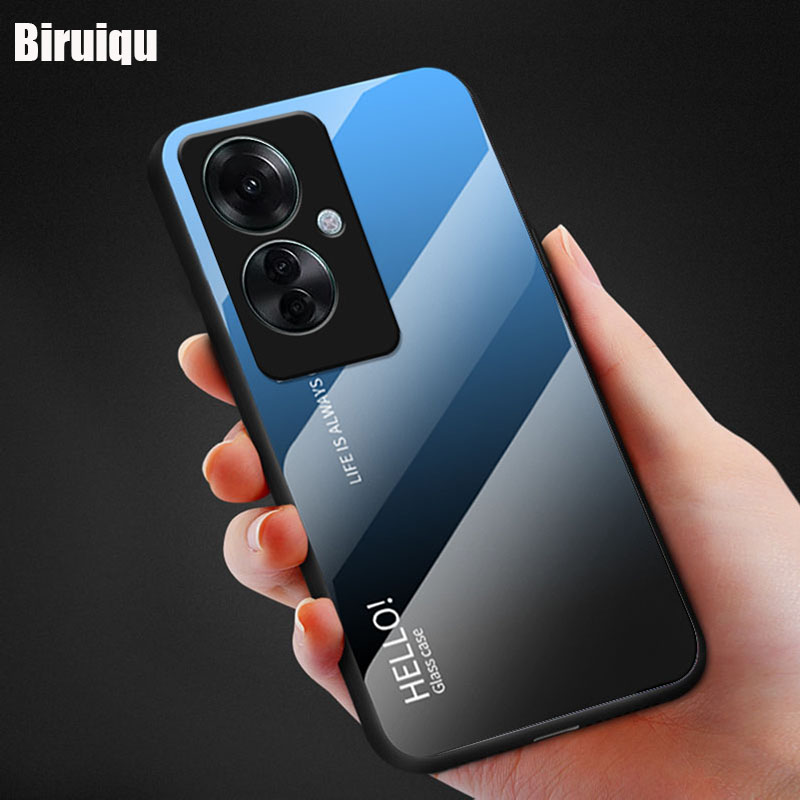Biruiqu For OPPO F25 Pro Shockproof Gradient Tempered Glass Back Soft Silicone Edge Case Cover