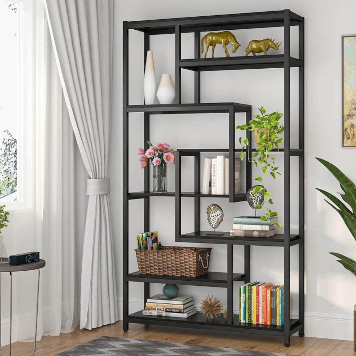 8-Shelves Staggered Bookshelf, Bookcase, Display Shelf ,Storage Organizer