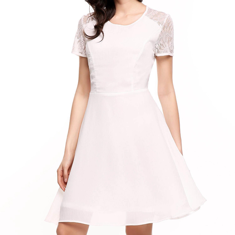 Summer Round Neck Chiffon Lace Perspective Stitching Dress White XL Size Summer Round Neck Chiffon Lace Perspective Stitching Dress White XL Size