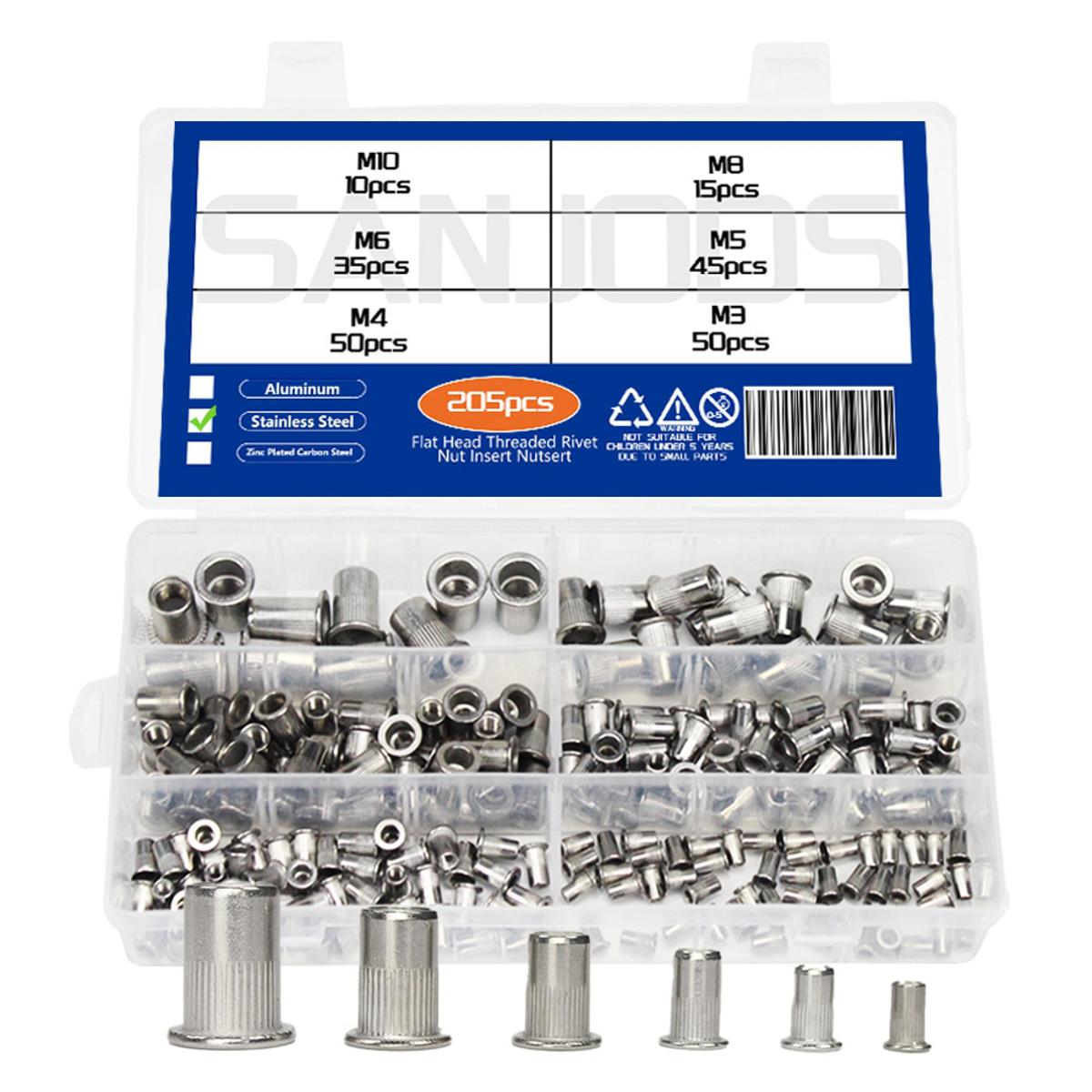 205Pcs Flat Head Threaded Rivets Nut M3 M4 M5 M6 M8 M10 Stainless Steel Rivnut Zinc Plated Rivet Nut Aluminum Insert Nutsert Kit