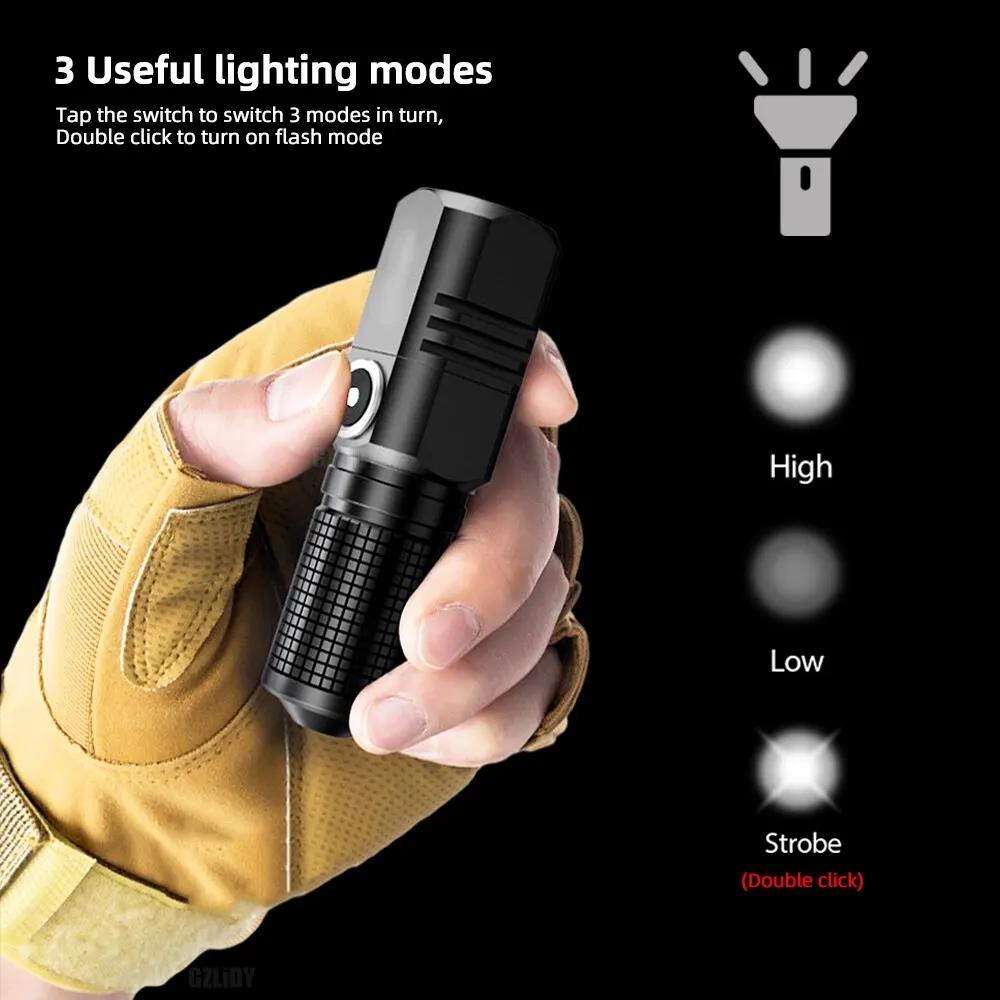 Mini Flashlight XHP50 LED USB C Rechargeable 16340 18650 Battery Flashlight 1500lm Powerful Torch Can Be Closed with One Click. 