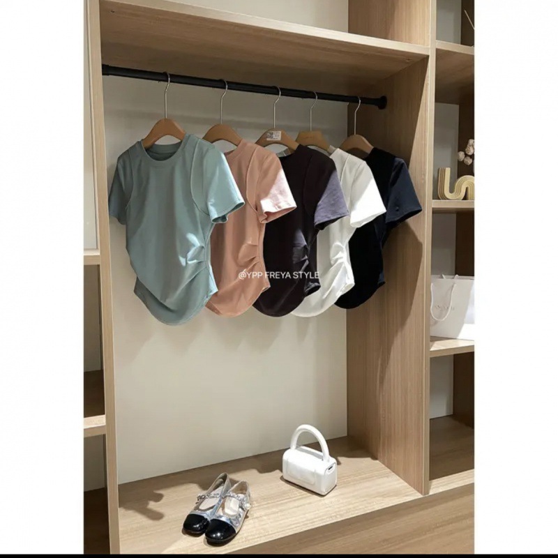 Squeezing Toy Waist-Tight Style Makes Me Look Slimmer / round Neck Shoulder Style Solid Color Versatile Top T T-shirt Outer Wear. 