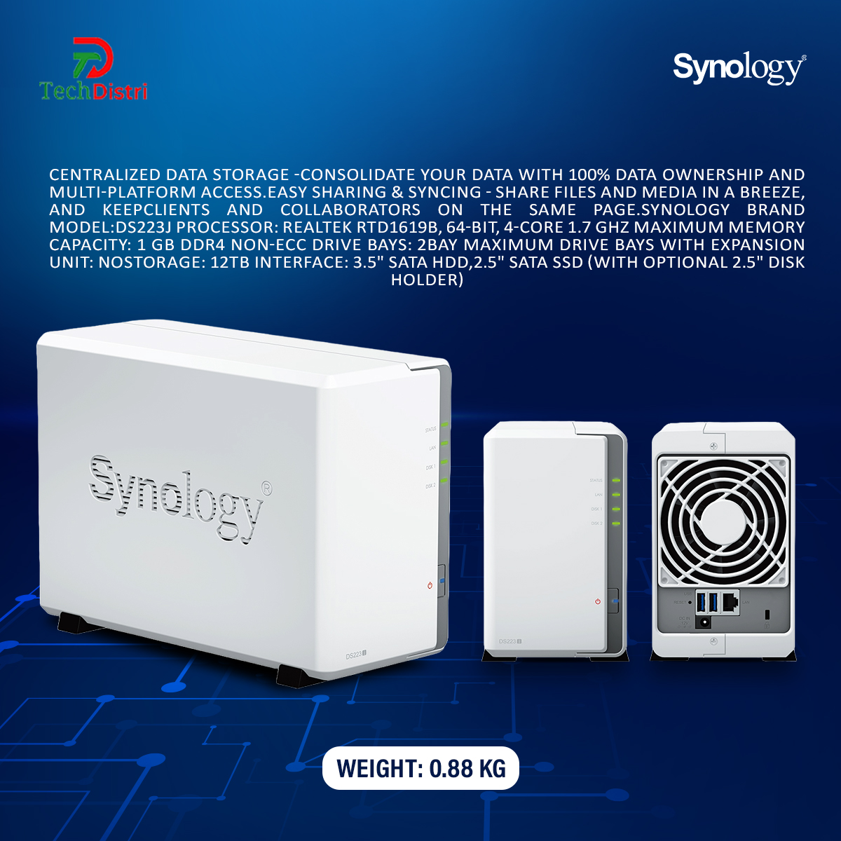Synology DS223j NAS, 2-Bay DiskStation , Realtek RTD1619B 64-bit, 4-core 1.7 GHz. 