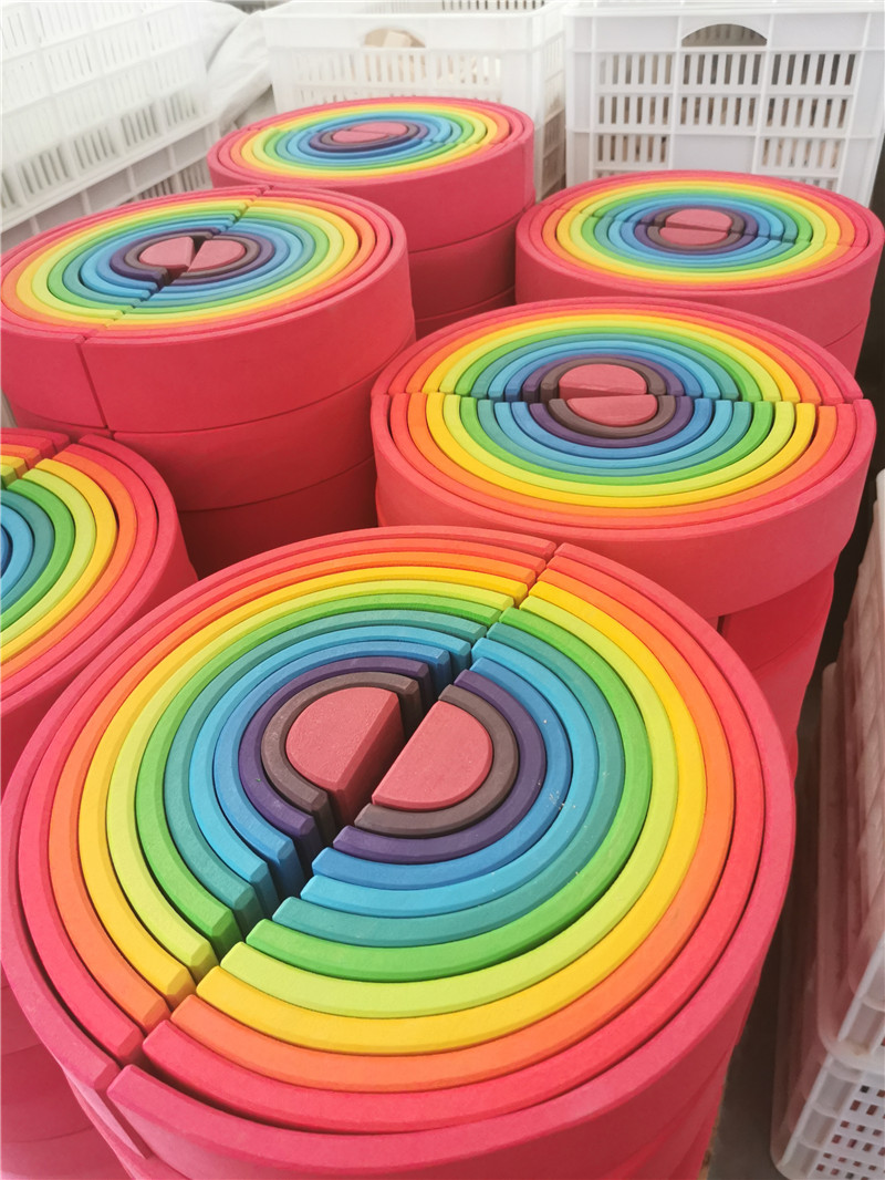 High Quality Wooden Toys Lime Wood Rainbow Arch Stacking Blocks Building Semi Color Sorting Peg Dolls Balls Slat for Kids Play Luhuai CVC. 