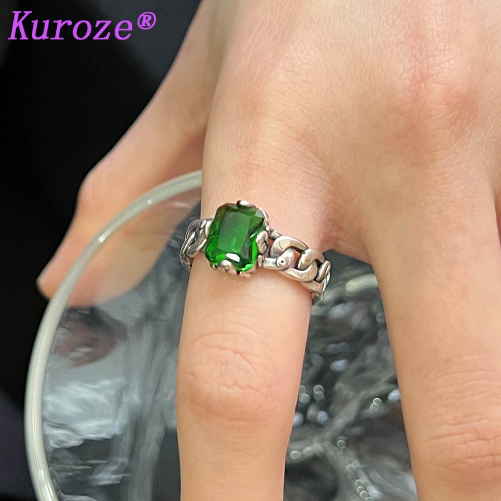 Kuroze S925 Silver Emerald Ring Women's Square Crystal Open Ring