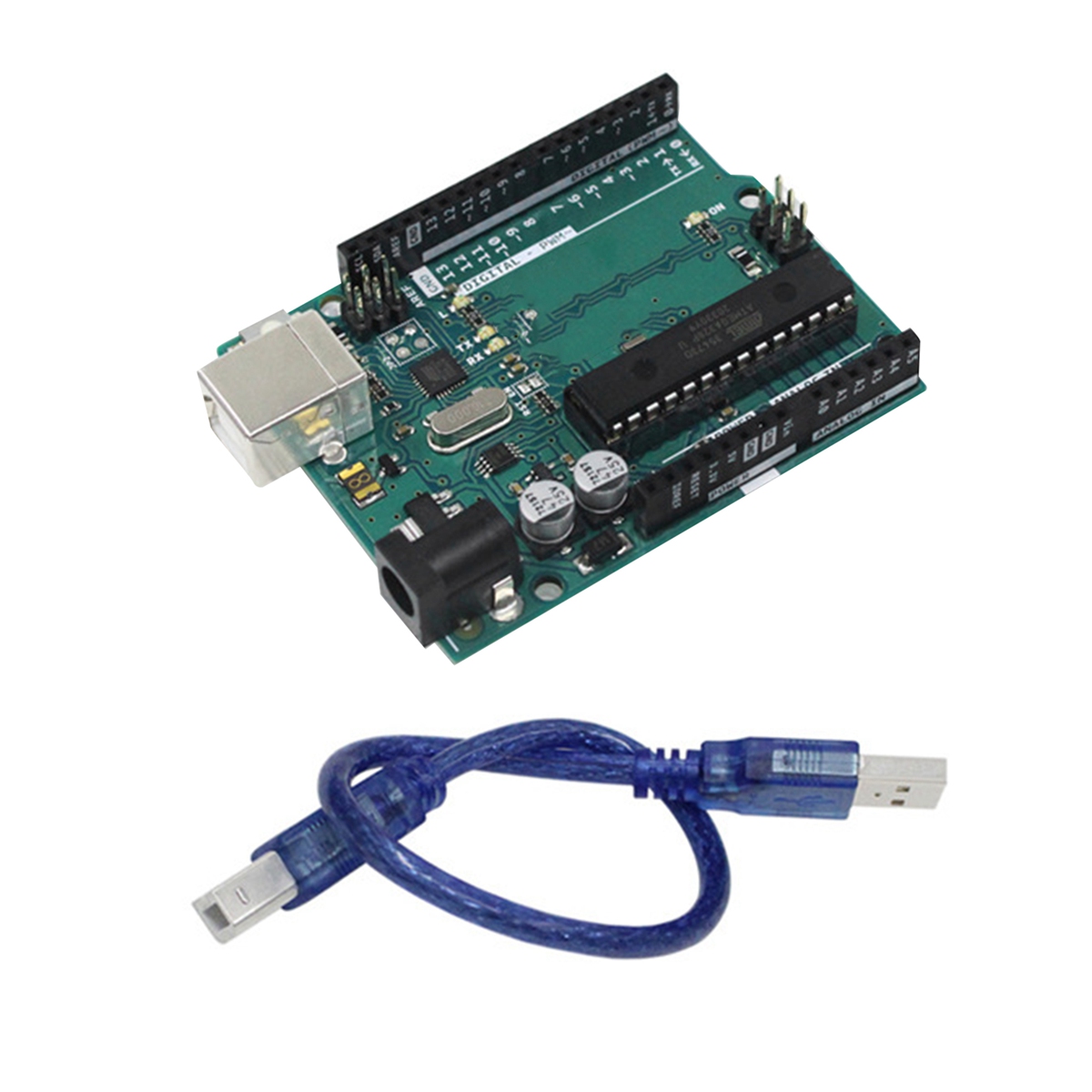 For Arduino UNO R3 Atmega328P 32KB 7-9V Arduino MCU C Language Programming Learning Development Board Green +Metal with Data Cable