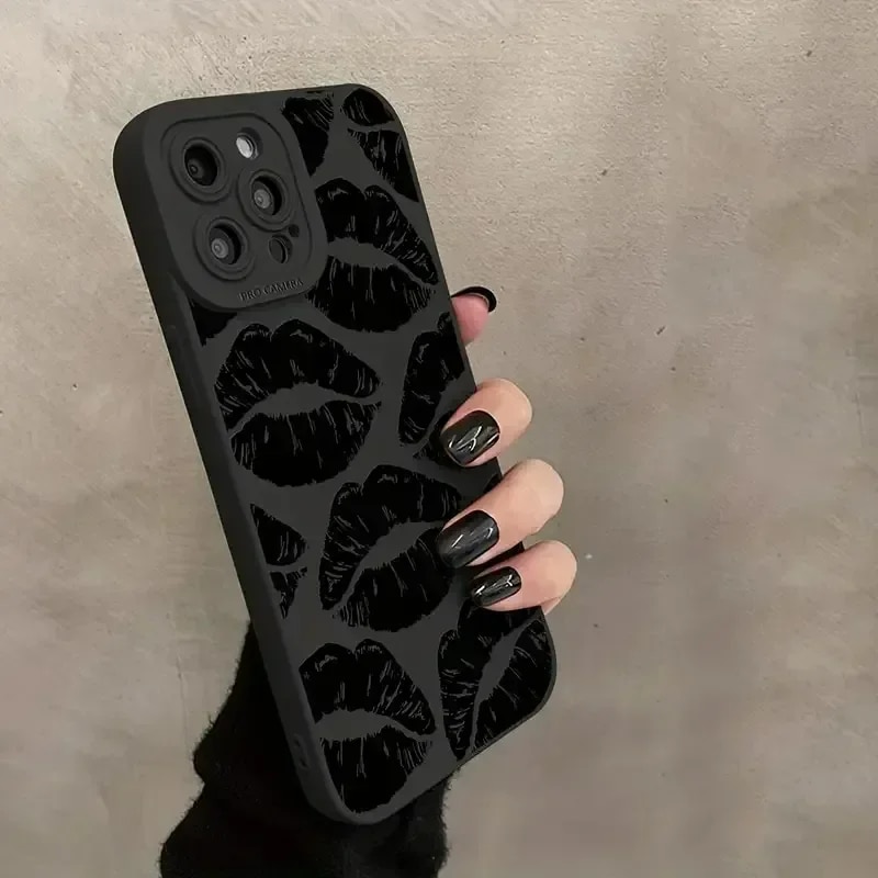Black Lips Kiss Print Soft Silicone Phone Case for iPhone 14 Pro Max 15 13 12 11 Pro Max 7 8 14 15 Plus SE 2 X XS XR Matte Cover. 