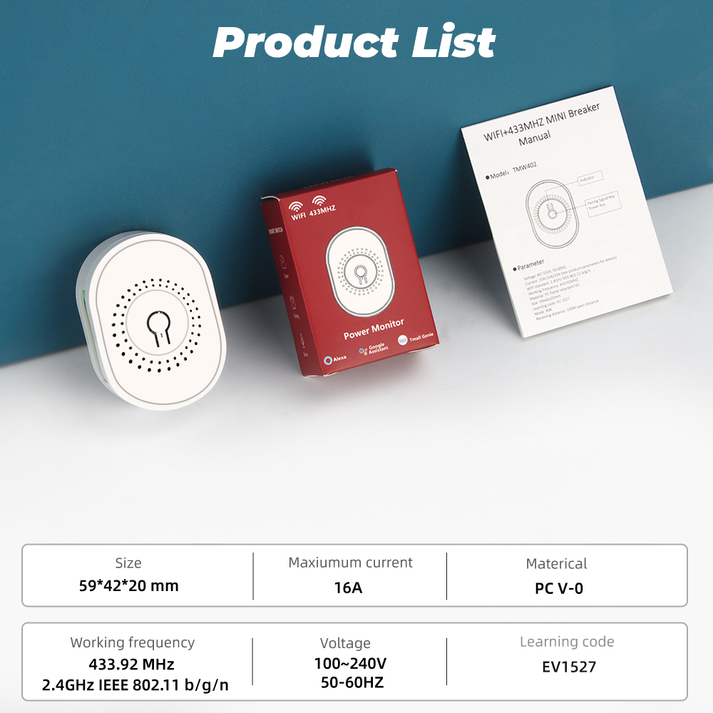 【Fashion】Tuya smart wireless switch-with monitor-16A mini 2 way timer breaker-work for Google Home Alexa. 